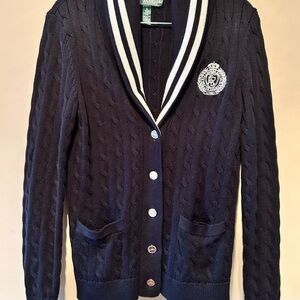 Ralph Lauren Black Cable Knit Cardigan with Emblem